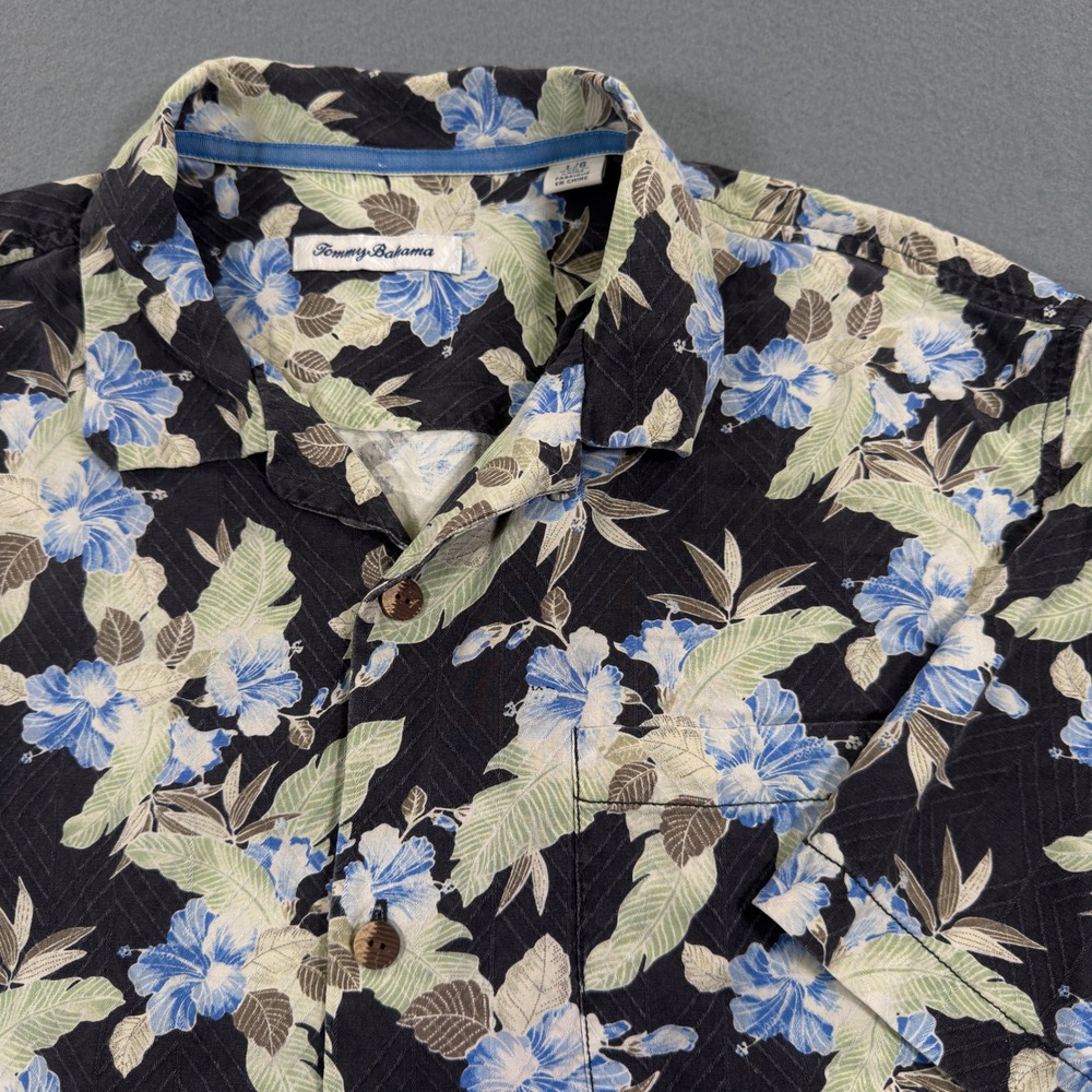 Tommy Bahama Mens Large Silk Floral Hibiscus Camp Shirt Black Blue‎ Short Sleeve